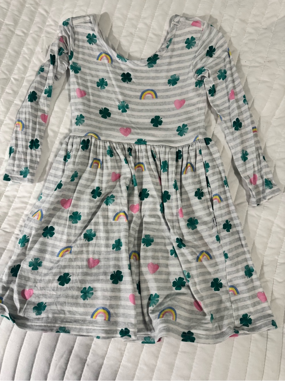 Girls' Gray Stripe Long-Sleeve Dress with Green Clover & Pink Heart Print